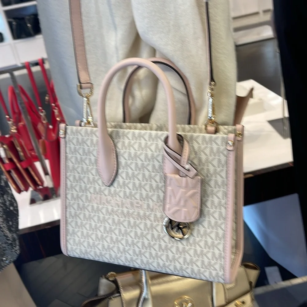 Michael Kors Mirella Small Shopper Top Zip Crossbody Bag Powder Blush Multi Logo